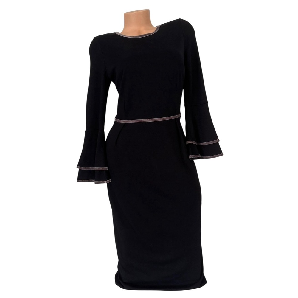 Boden Women's Black Tiered Bell Sleeve Midi Dress Velvet Trim US 8R UK 12R